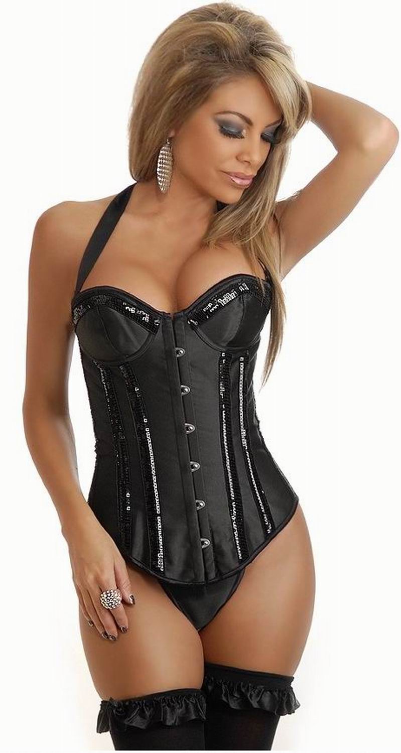 Black Halter Corset With Vertical Sequin Strips and Maching Thong